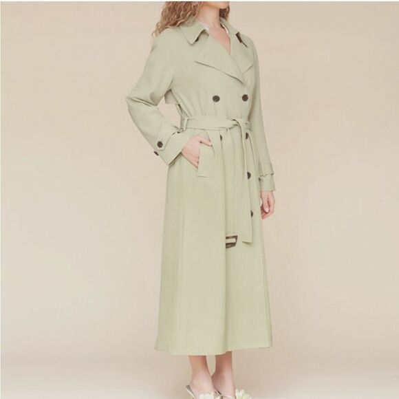 AVEC LES FILLES Women Trench Coat Long Maxi Khaki Tan Green Large Belted - Picture 1 of 16